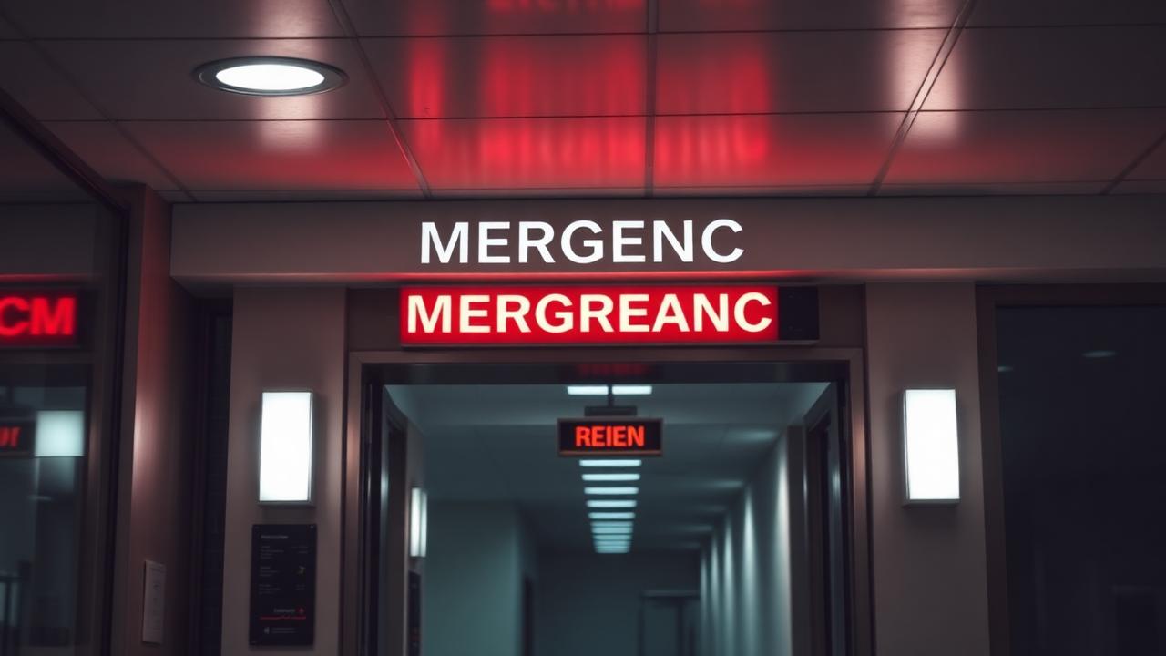 An emergency room sign at a modern hospital entrance with soft glow