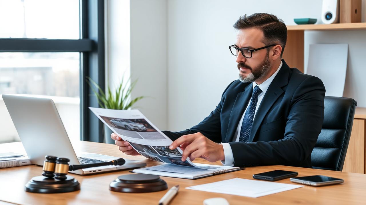 Accident lawyer reviewing crash scene photos and an insurance policy at a desk