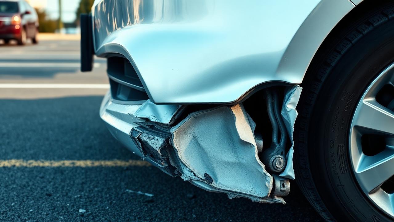 Close-up of a damaged car bumper after a parking lot collision