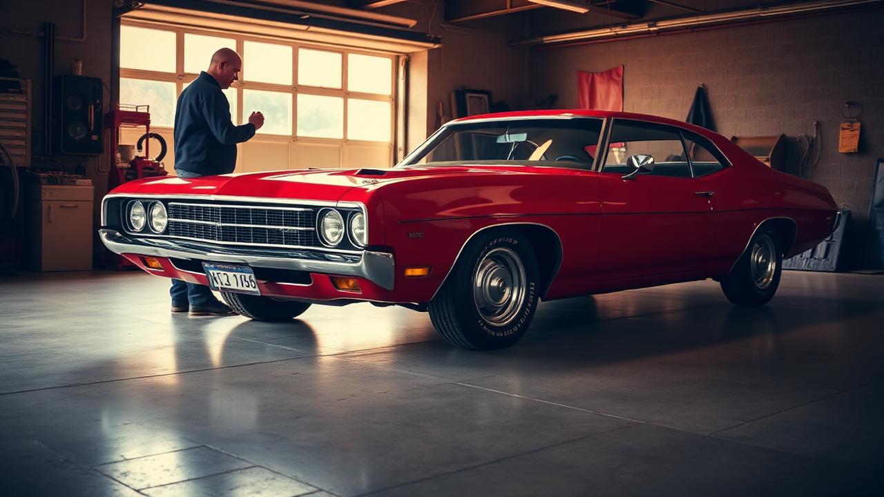 Vintage red muscle car parked inside a clean home garage with the owner inspecting the hood