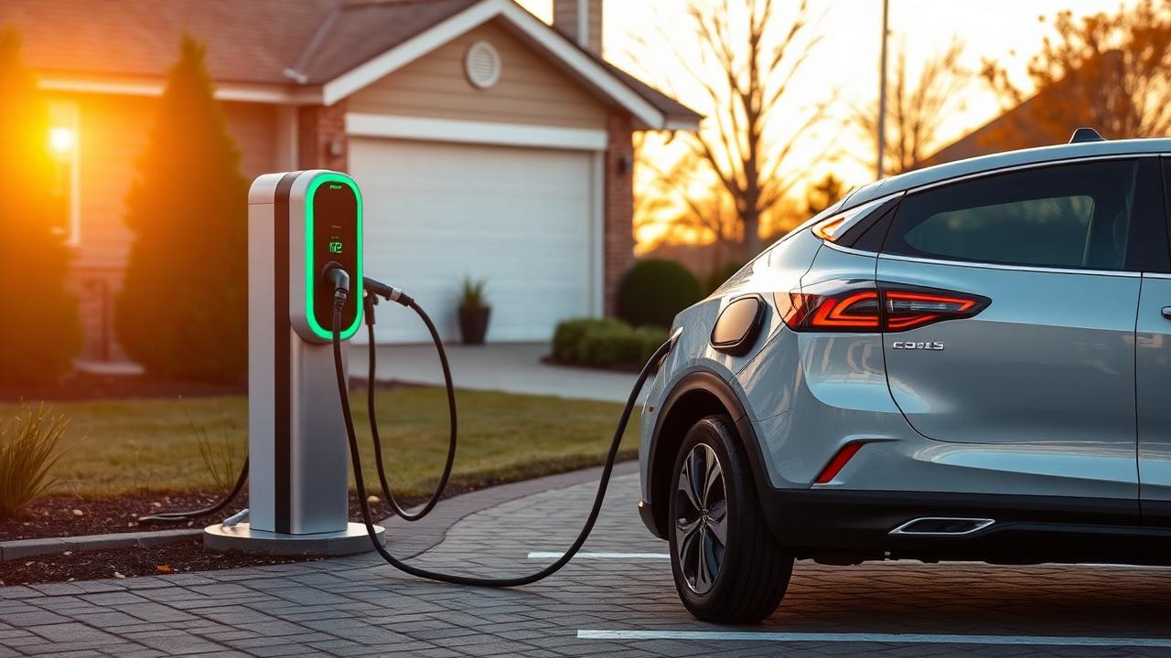 Electric SUV charging at a home wall charger in a suburban driveway at sunset