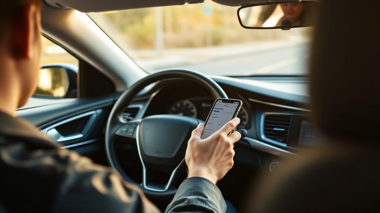 Driver checking auto insurance quotes on a smartphone in a parked car