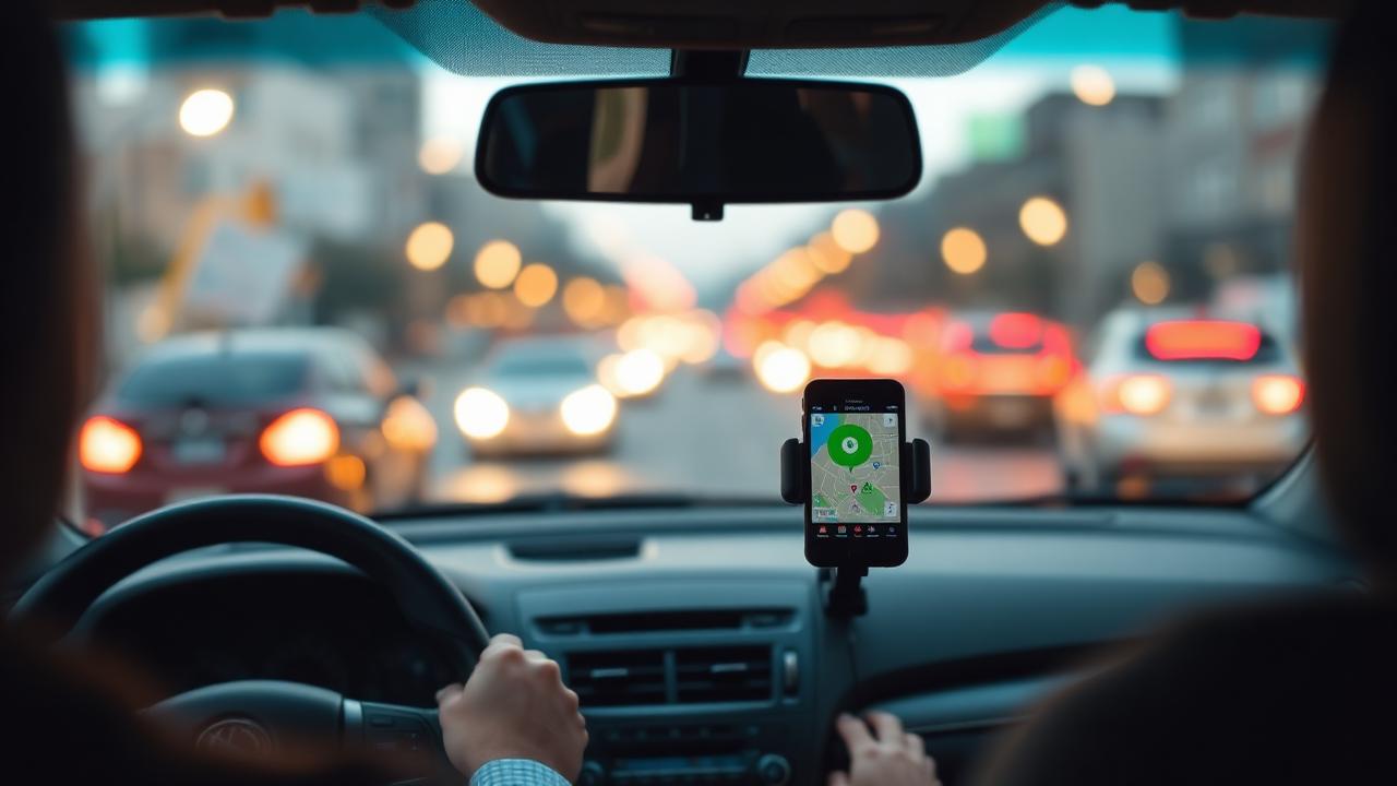 Rideshare driver inside a sedan with a phone mount showing a navigation map at dusk in city traffic