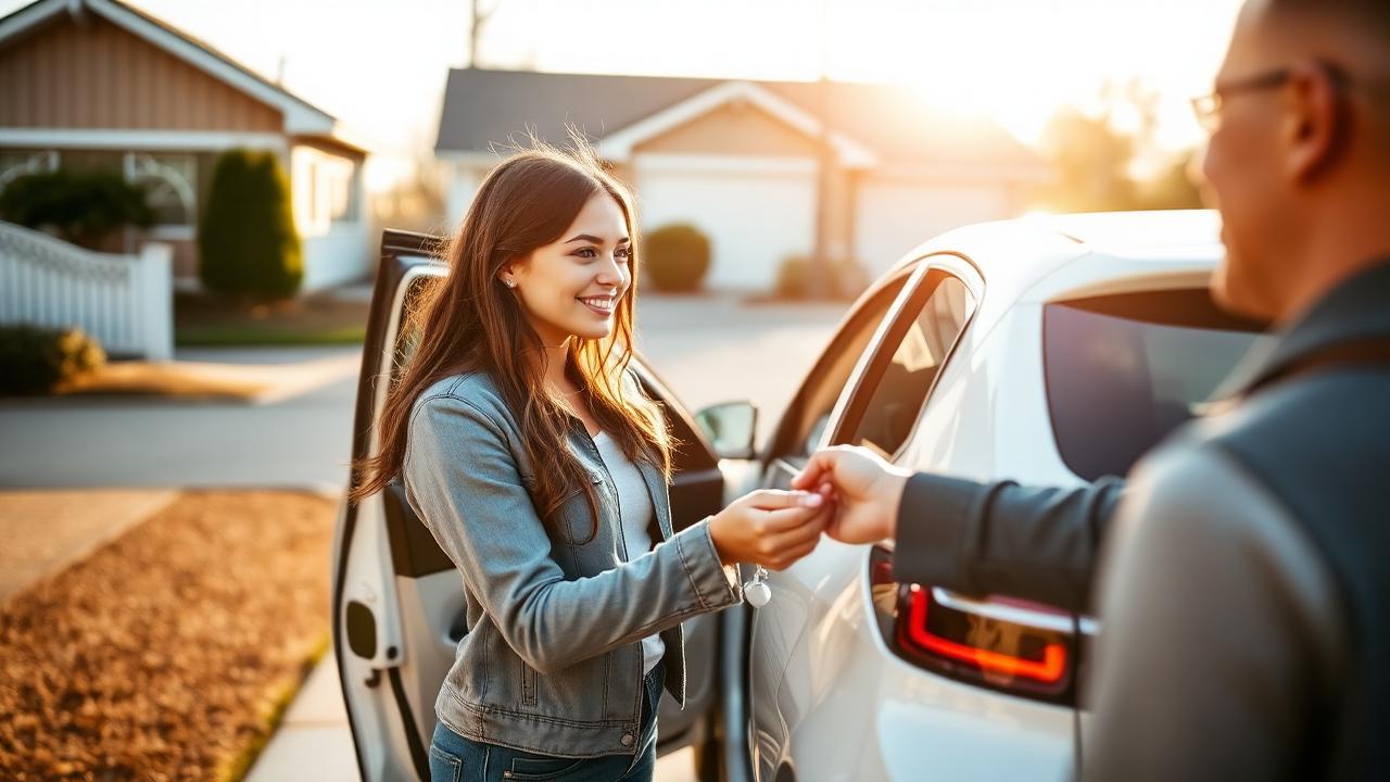 Parent handing car keys to a teenage daughter next to a white sedan in a sunny driveway