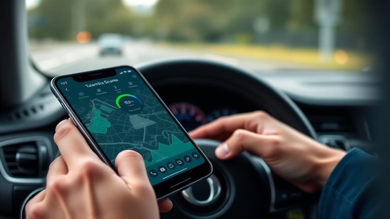 Hands holding a smartphone on a car dashboard showing a telematics driving score app