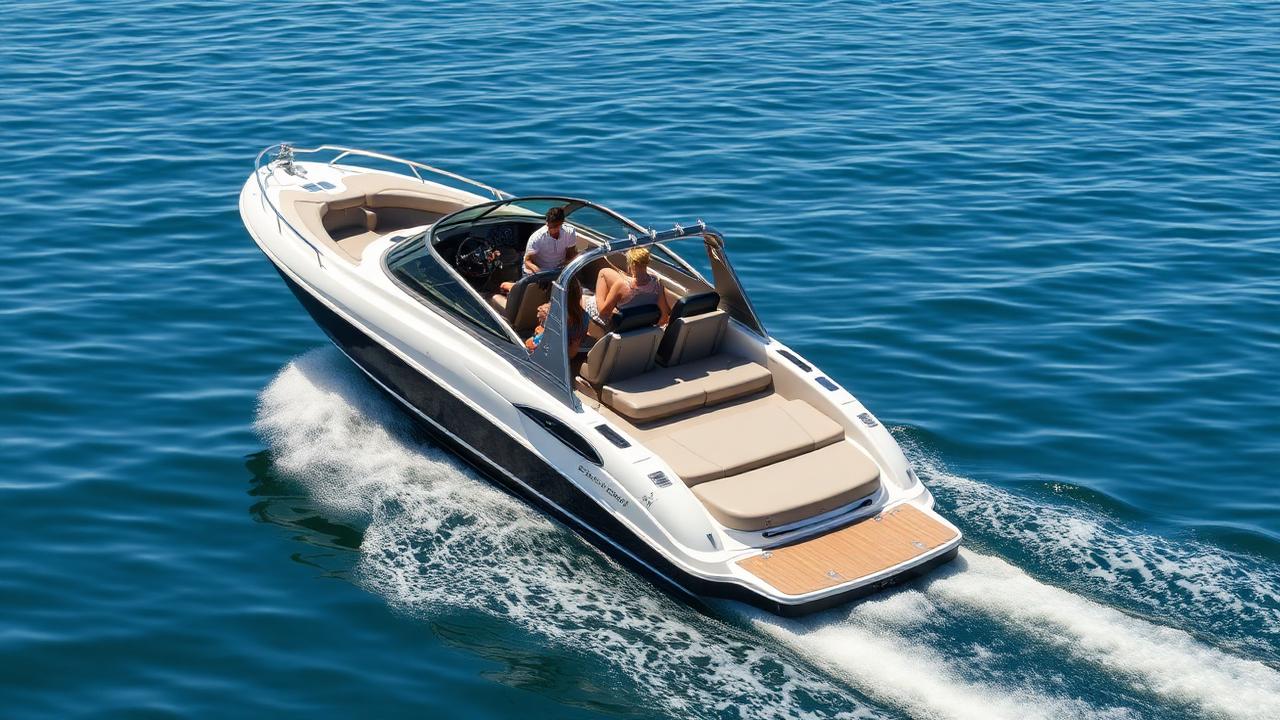 A sleek motorboat on calm blue lake water with a family enjoying a sunny day