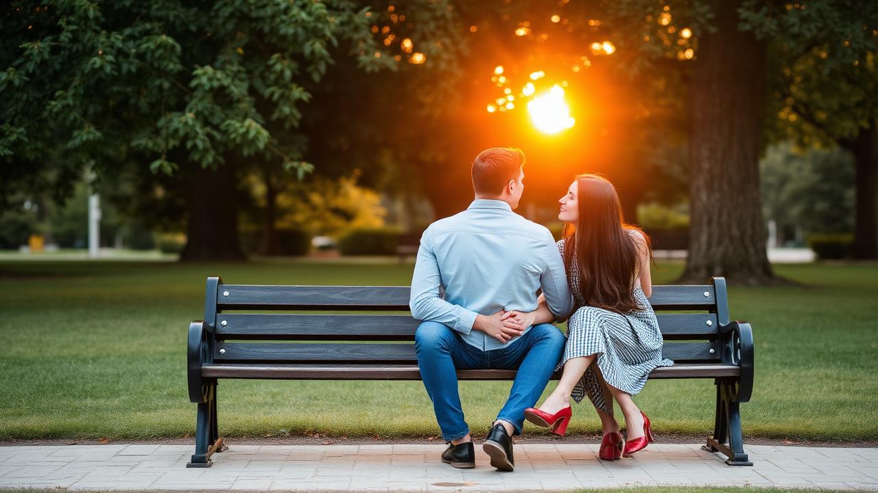 A senior couple sitting together on a park bench at golden hour