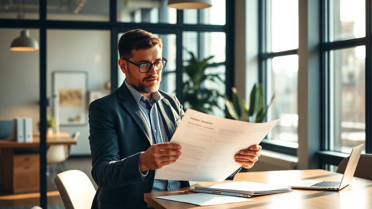 A small business owner reviewing insurance documents in a modern office