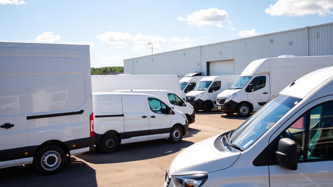 A fleet of white commercial delivery vans parked in a row at a business depot