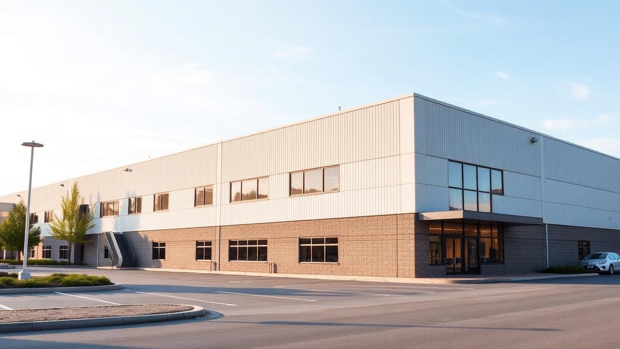 A modern commercial warehouse and office building exterior with clear sky