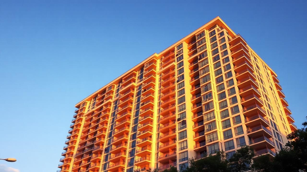 A modern condominium high-rise building exterior at golden hour