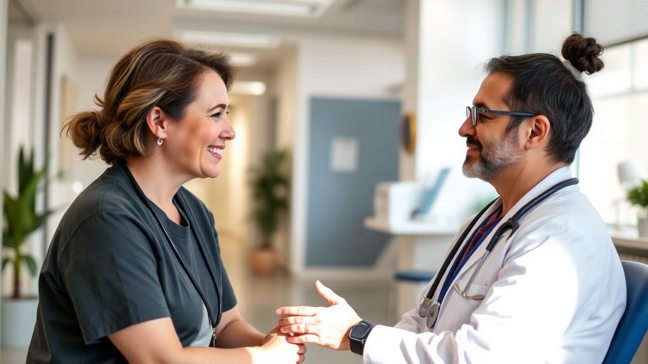 A doctor speaking compassionately with a patient in a bright modern clinic