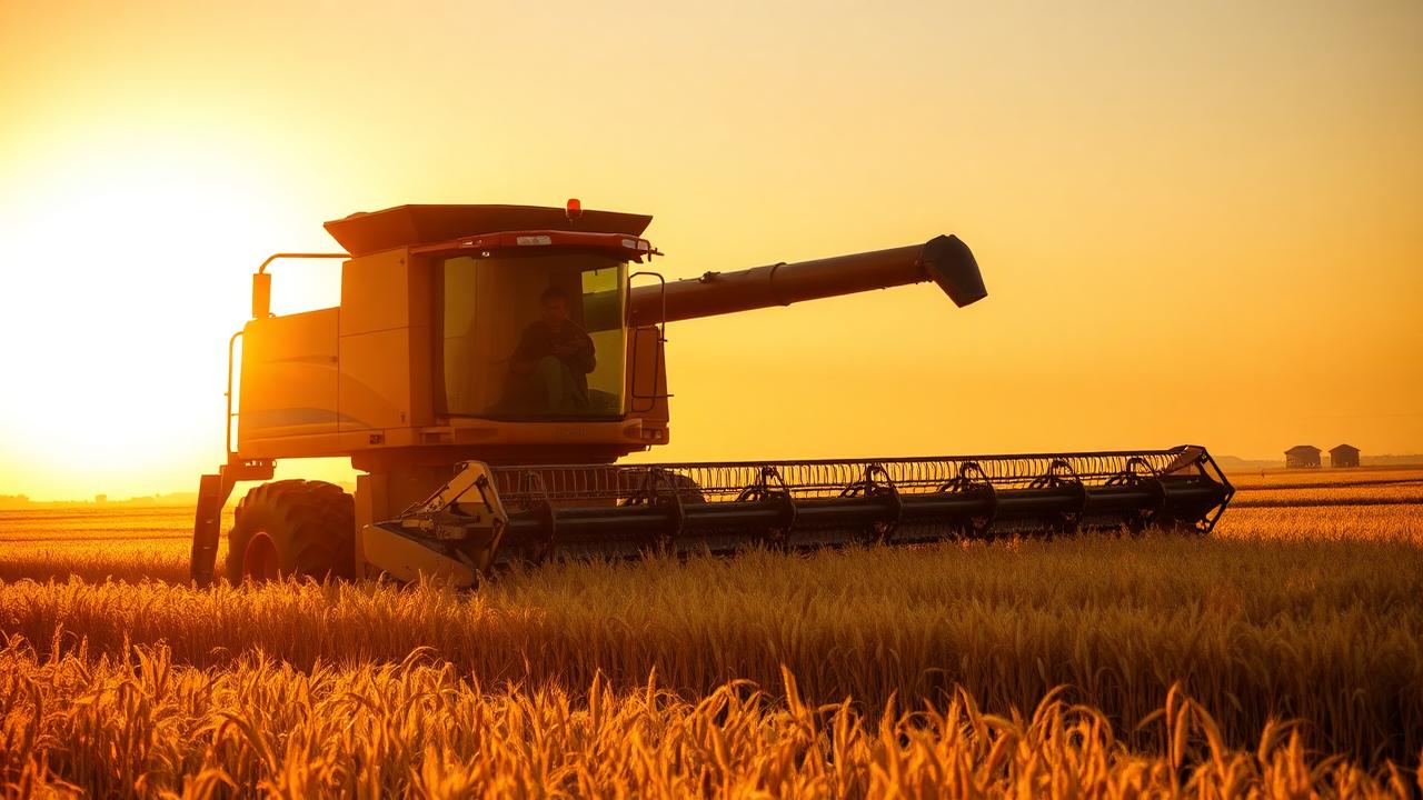 A combine harvester working in golden wheat field at sunset