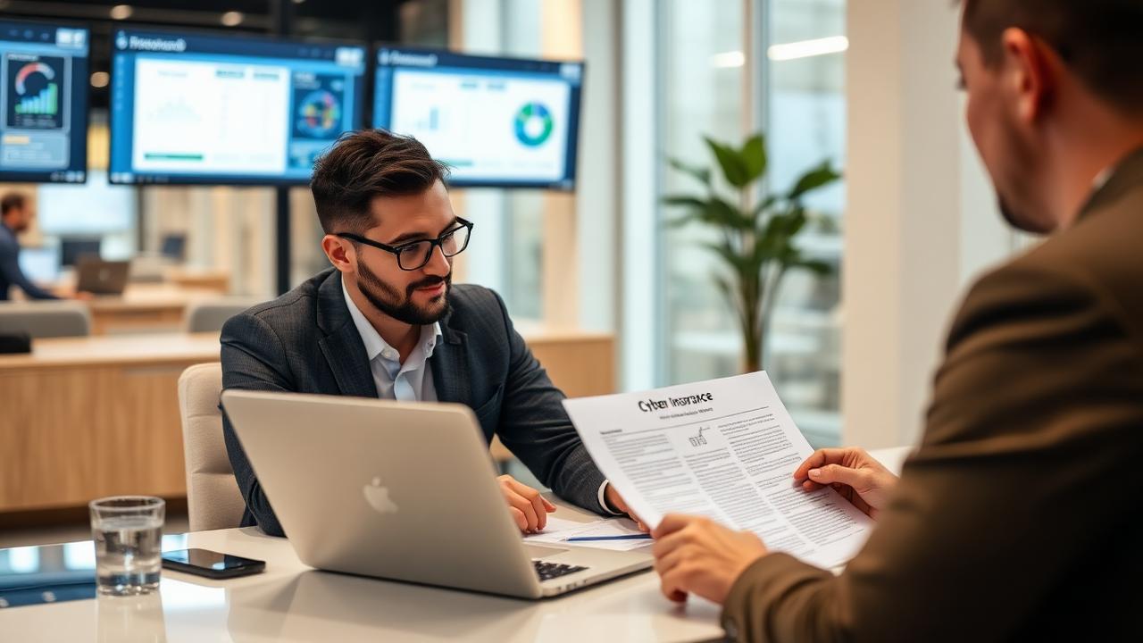 Small business owner reviewing a cyber insurance policy on a laptop with security dashboards in the background