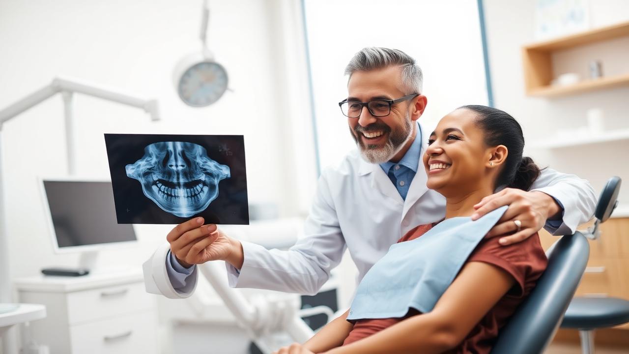 A friendly dentist showing an x-ray to a smiling patient