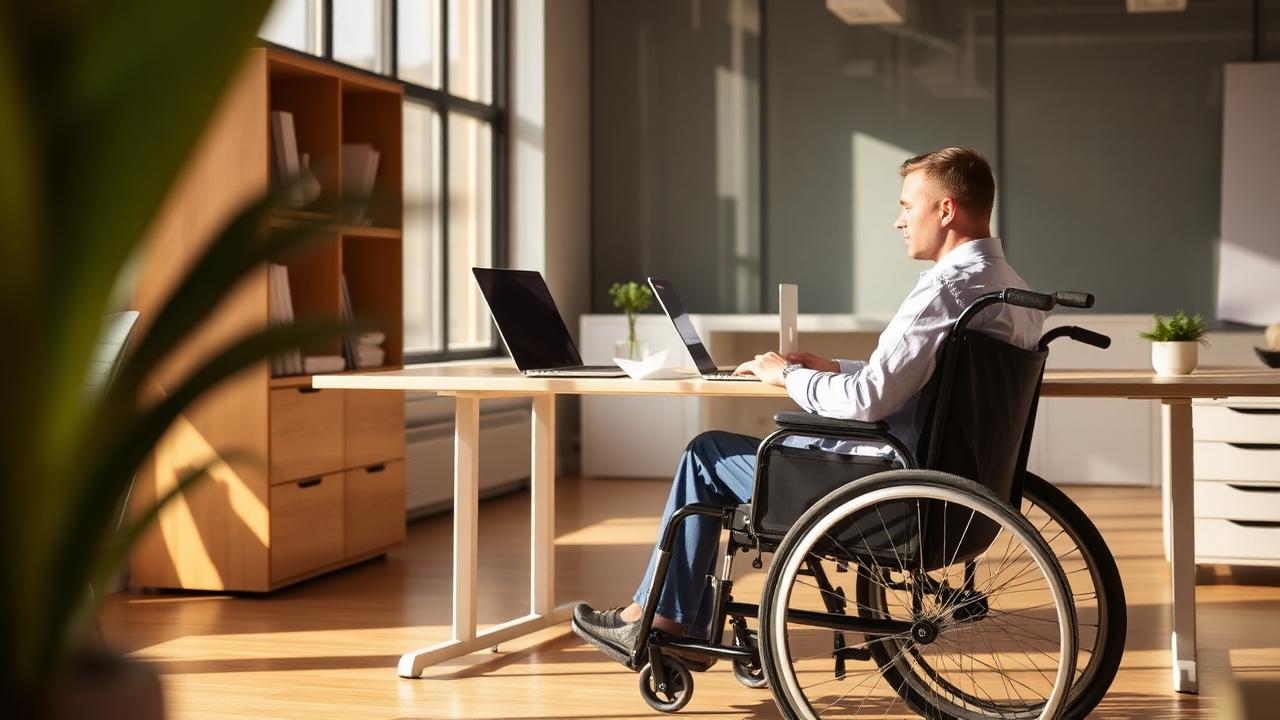 A professional in a wheelchair working at a modern office desk