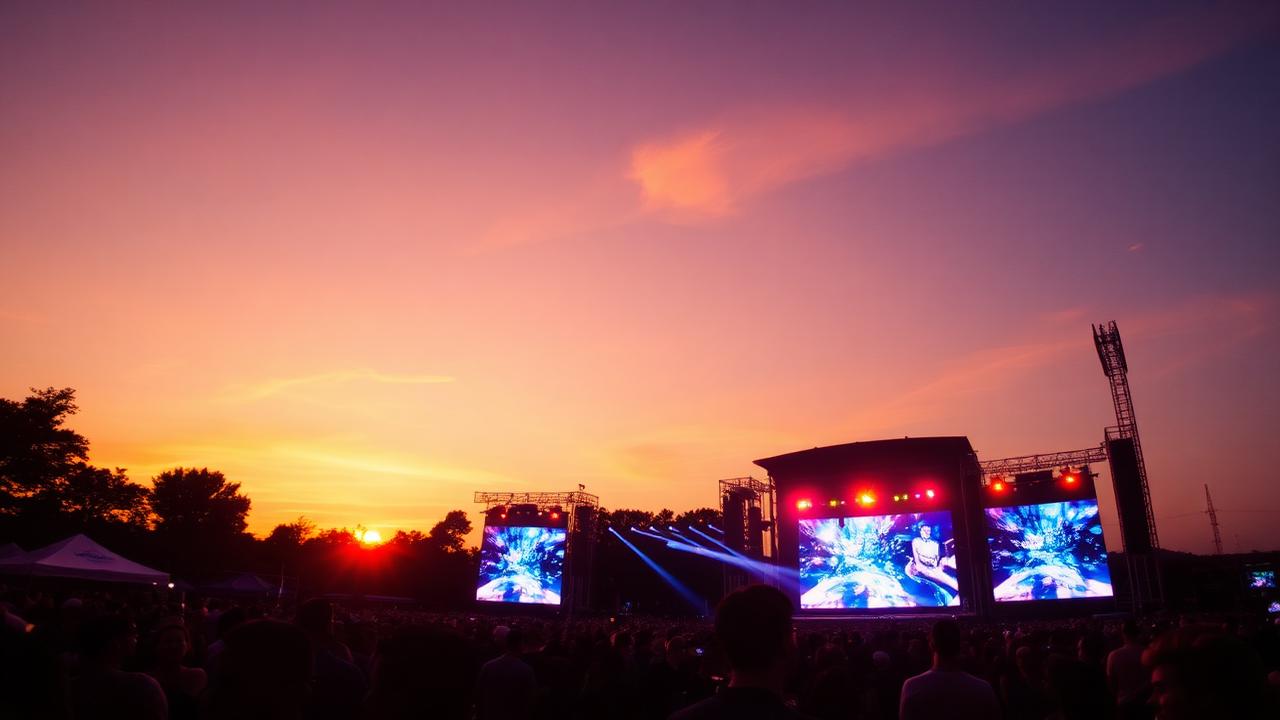 A large outdoor music festival with stage lights and crowd at sunset