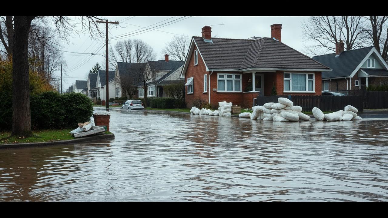 A residential street partially submerged by flood water with sandbags around a home