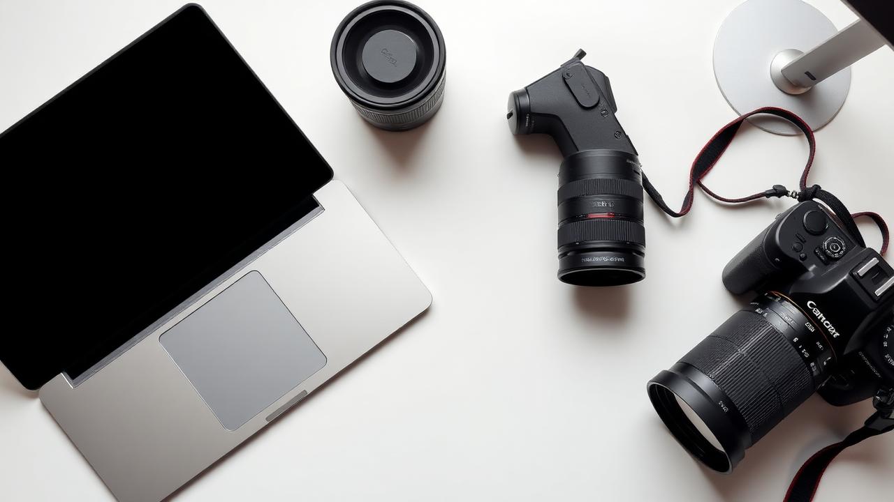 A sleek laptop, tablet, and DSLR camera arranged on a white desk