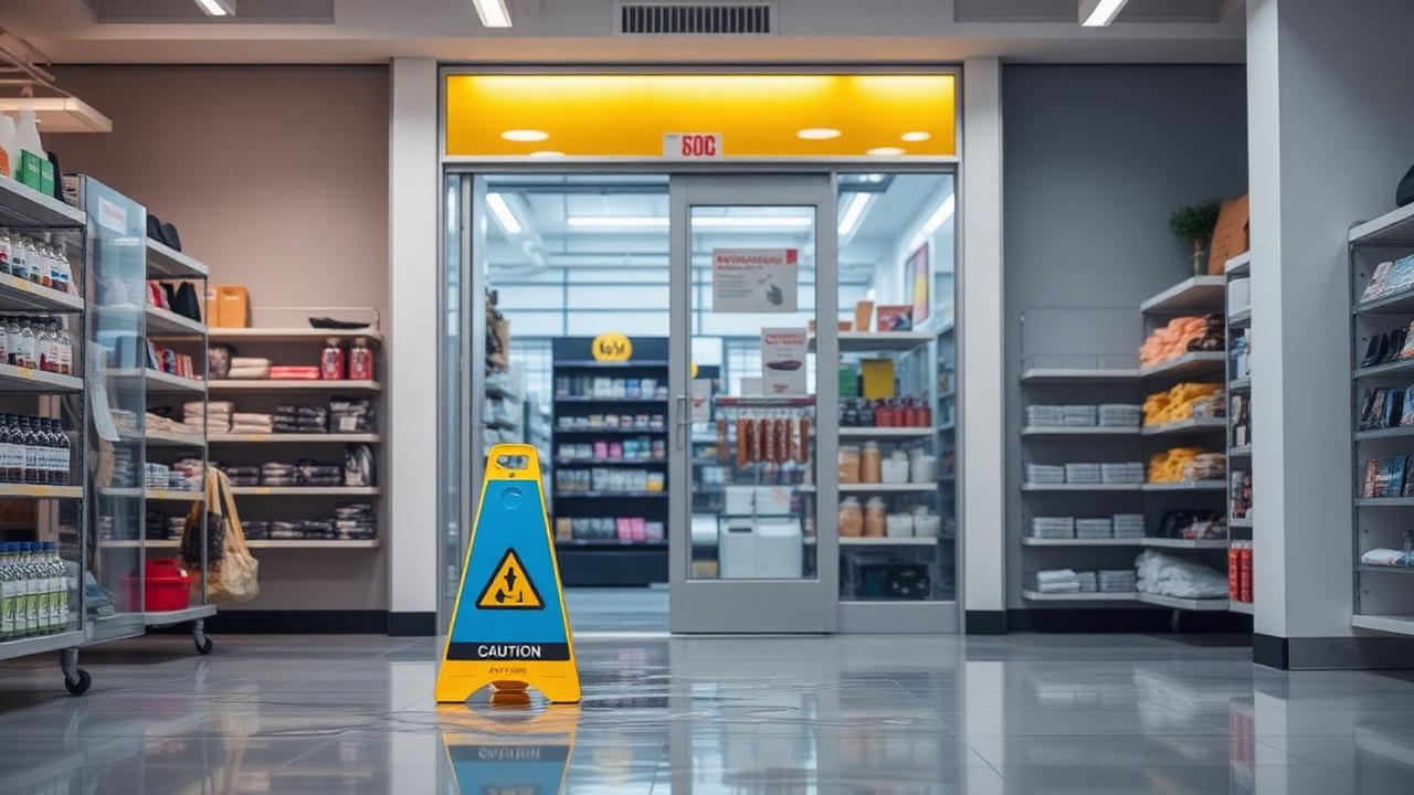 A modern small retail store interior with a wet-floor caution sign near the entrance