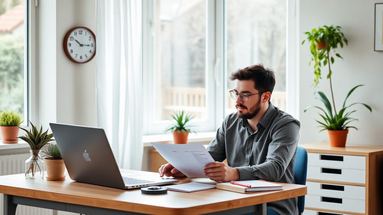 Self-employed designer comparing health insurance plans on a laptop in a home office