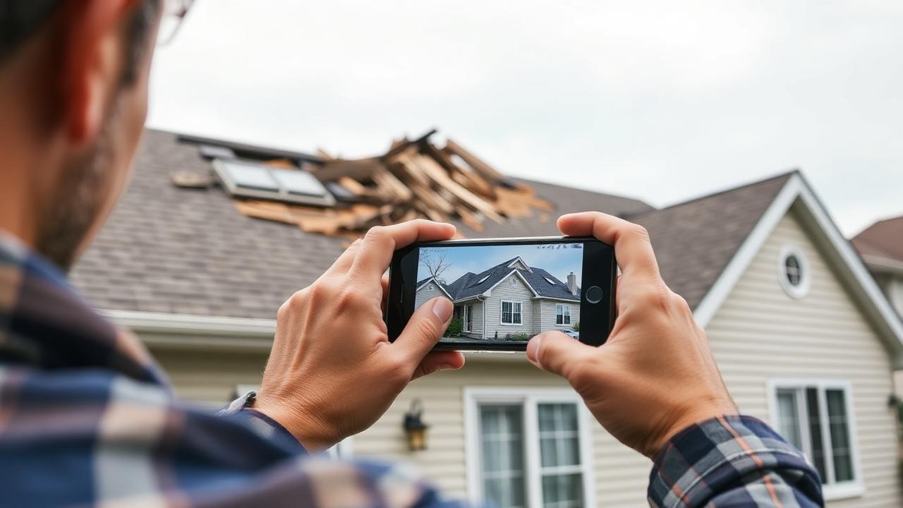 Homeowner photographing storm damage on the roof for an insurance claim