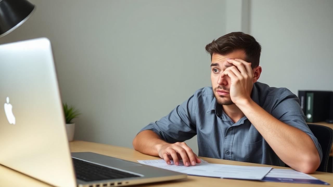 A worried person looking at credit card statements at a desk with a laptop showing security alerts