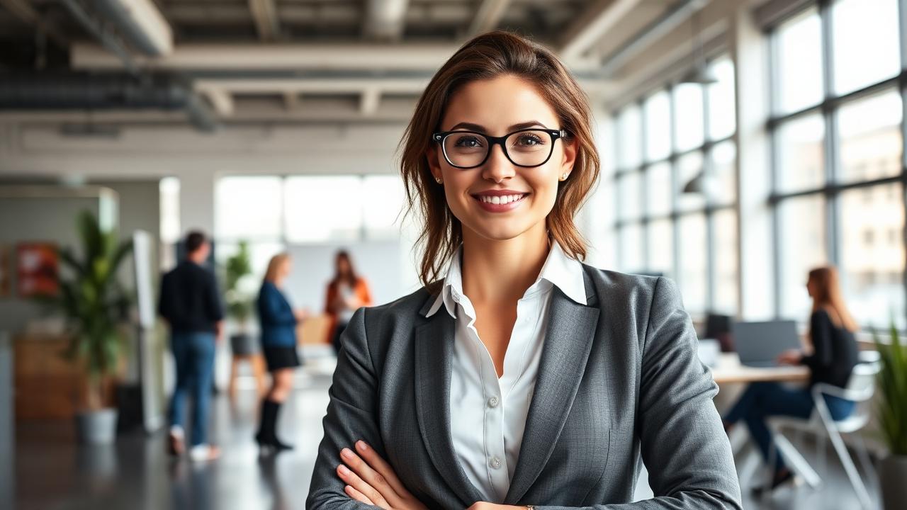 A confident female business executive standing in a modern startup office with team in background