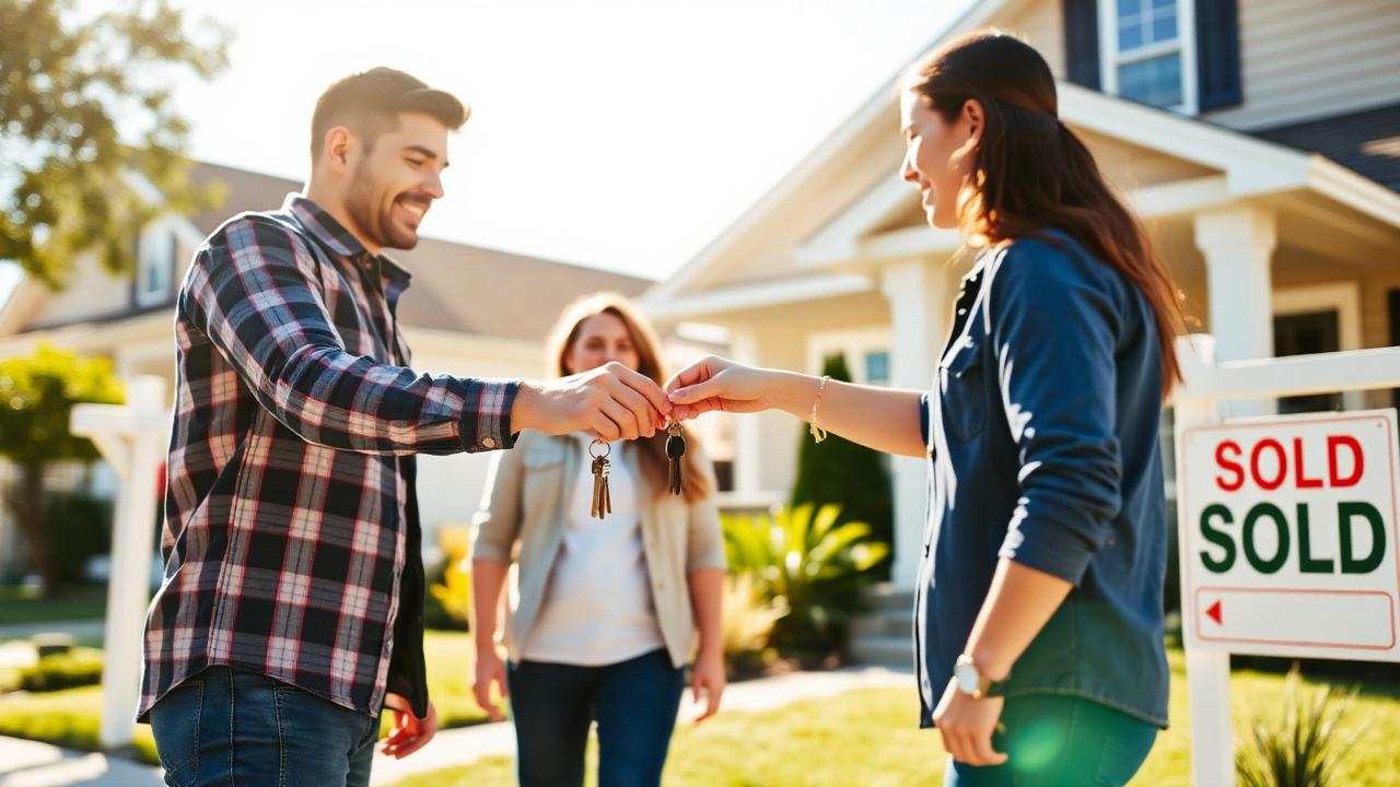 A landlord handing keys to a young couple in front of a rental house with a sold sign