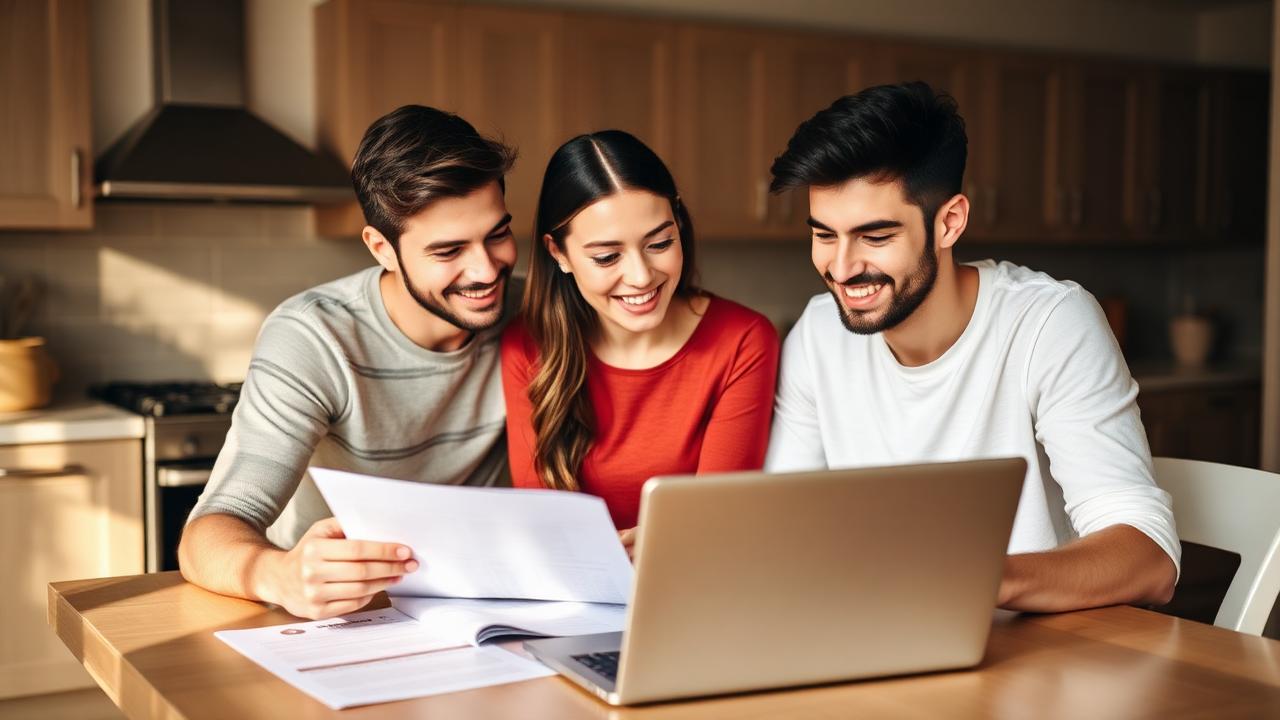 A young family reviewing life insurance documents at the kitchen table