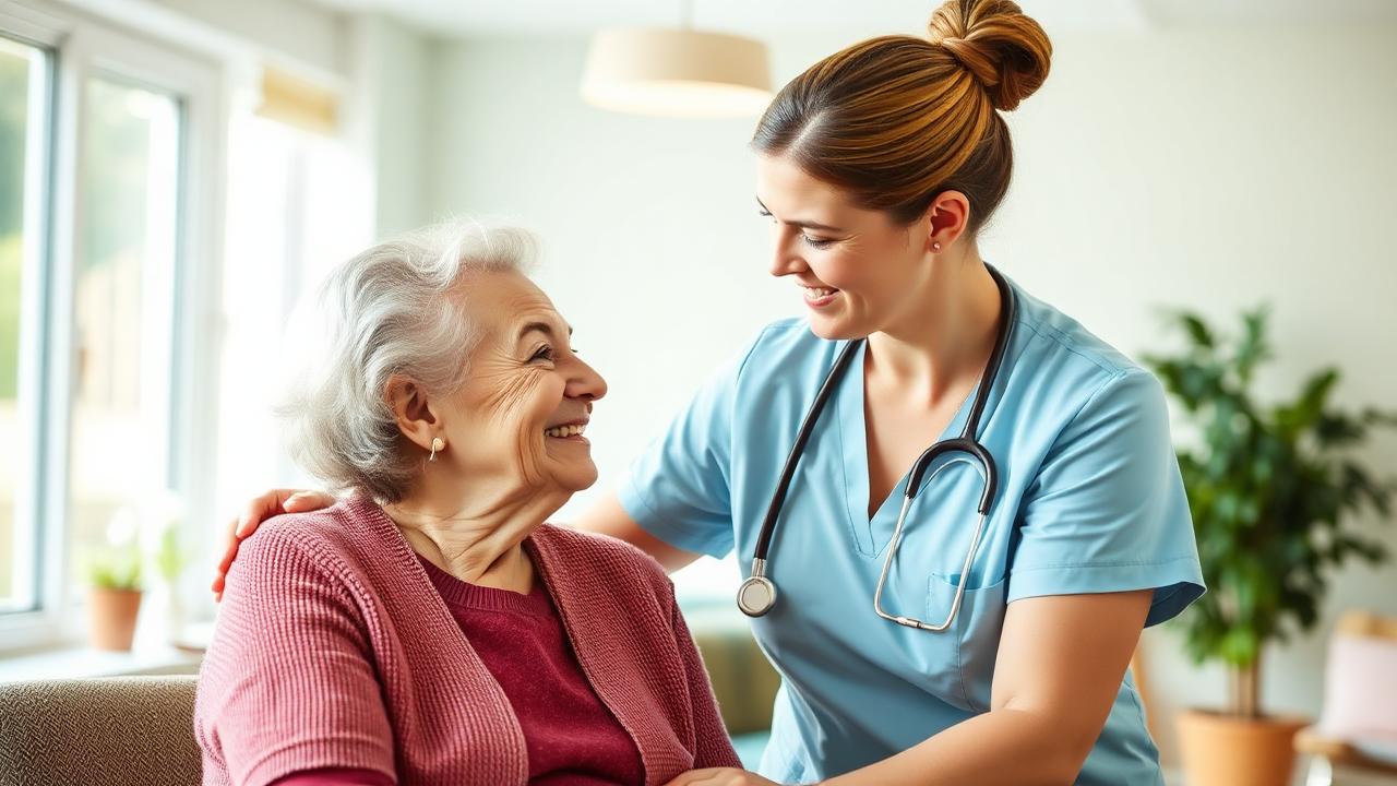 A caring nurse helping an elderly woman in a bright assisted living facility