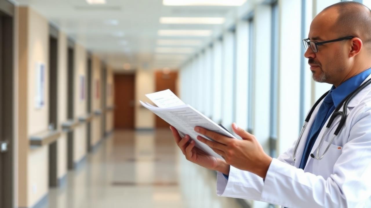 A doctor wearing a white coat with a stethoscope reviewing a patient chart