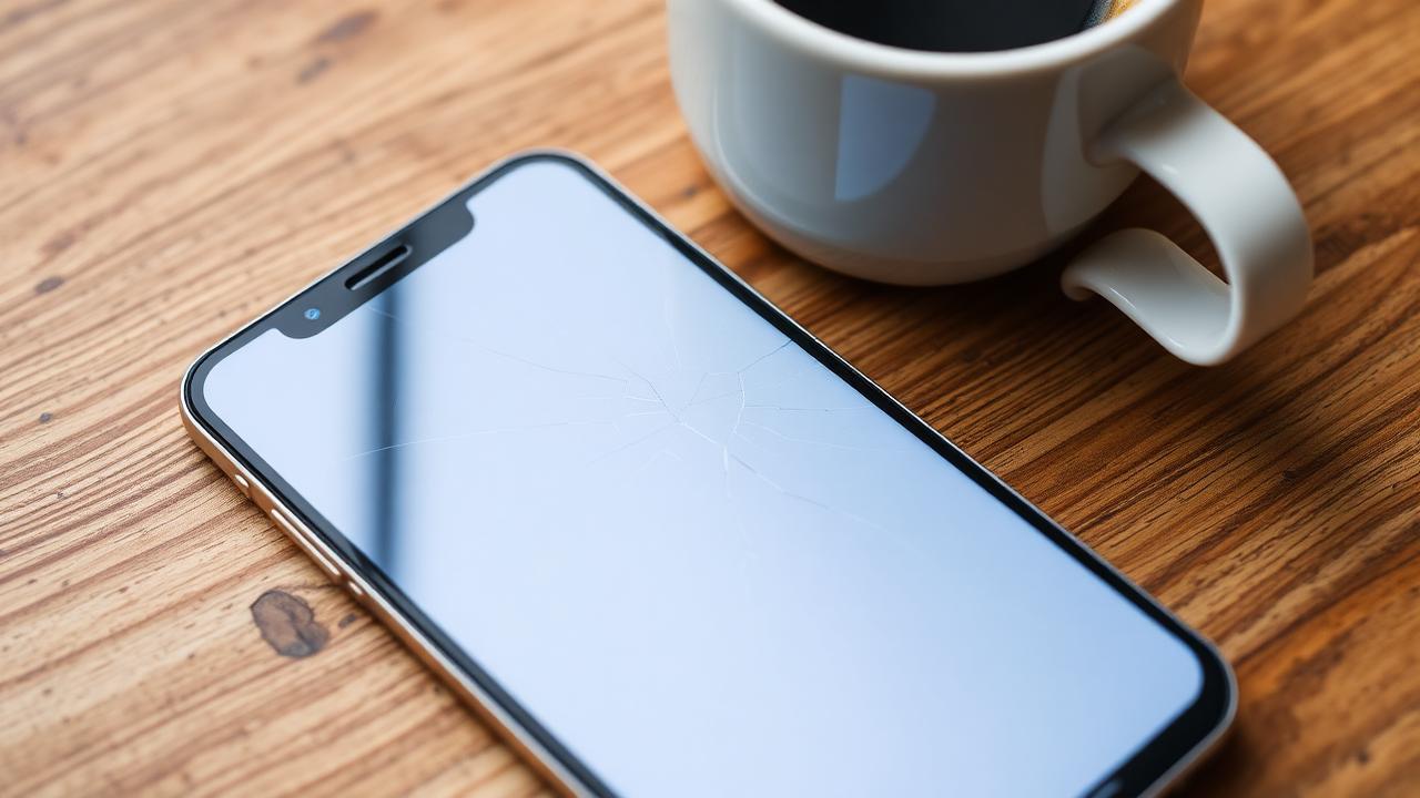 A modern smartphone with a cracked screen on a wooden table next to a coffee cup