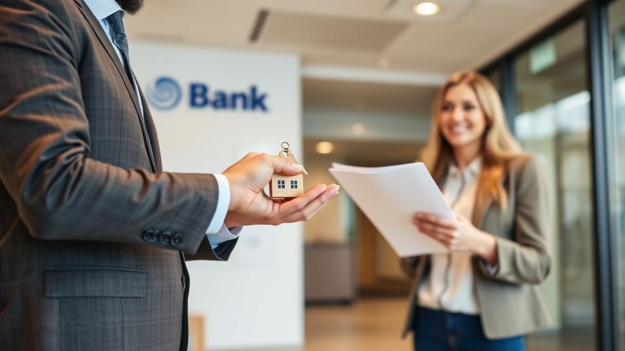 A loan officer handing house keys and mortgage documents to first-time homebuyers