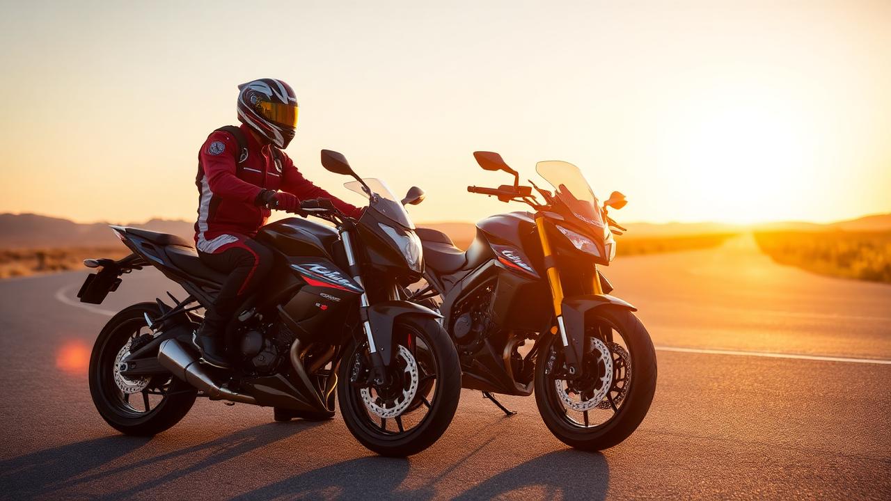 A motorcyclist in protective gear next to a sport motorcycle on an open road