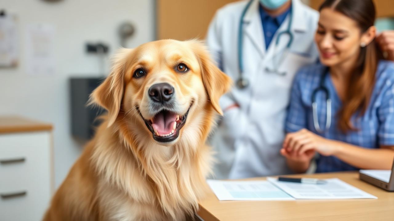 Happy golden retriever at a veterinary clinic with pet insurance documents on the desk