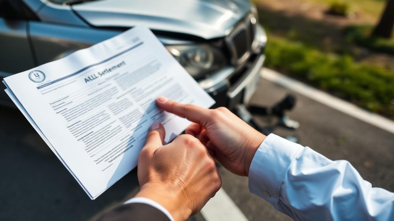 Hands pointing at a settlement agreement in front of a damaged car after a collision