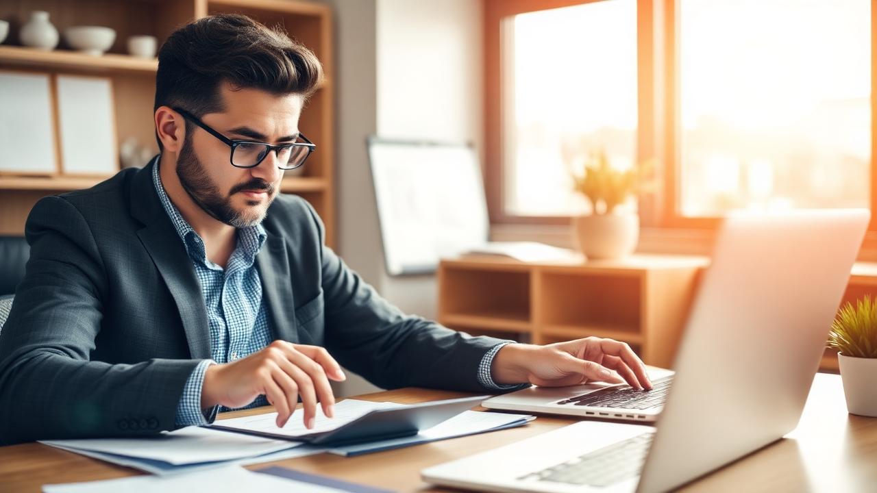 Small business owner reviewing commercial insurance documents at a wooden desk