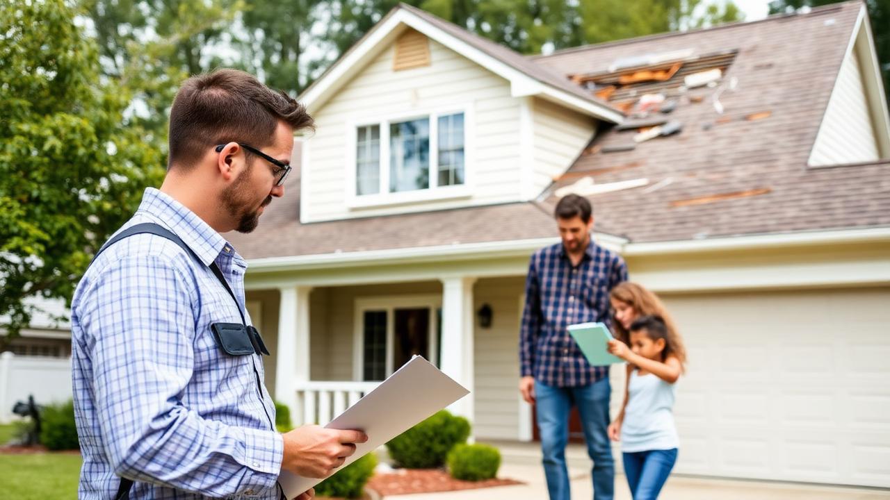 Insurance adjuster inspecting roof damage at a suburban home with the family standing in the driveway