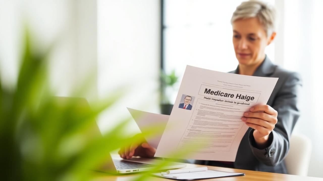 Editor reviewing Medicare and ACA Marketplace enrollment paperwork next to a laptop