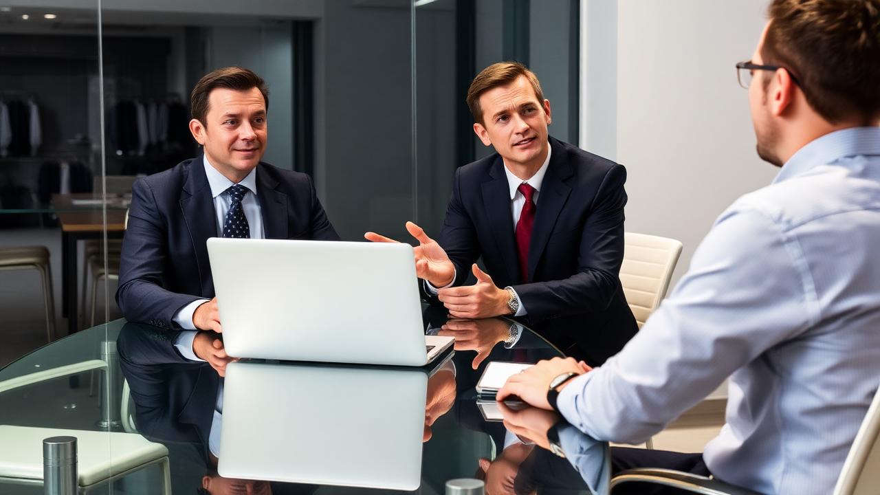 A consultant in business attire presenting to a client at a glass conference table with a laptop