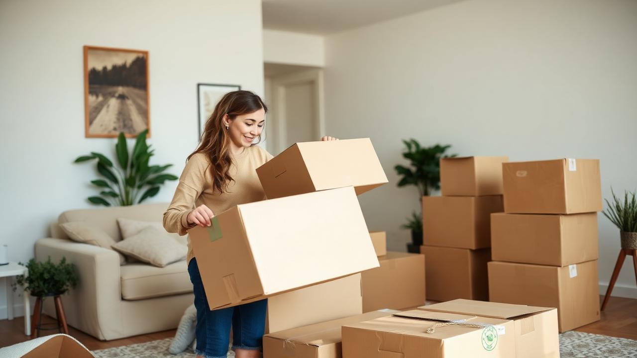 A young couple unpacking moving boxes in a bright apartment living room