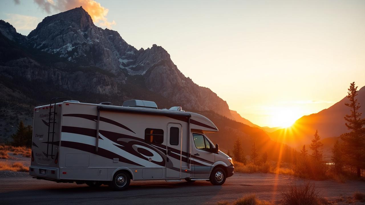 A large Class A motorhome RV parked at a scenic mountain campsite
