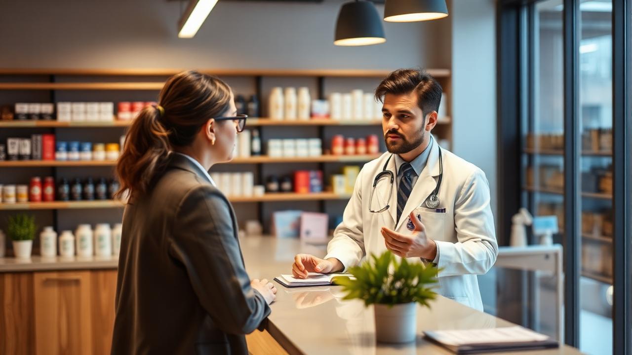 A pharmacist counseling a patient at a modern pharmacy counter