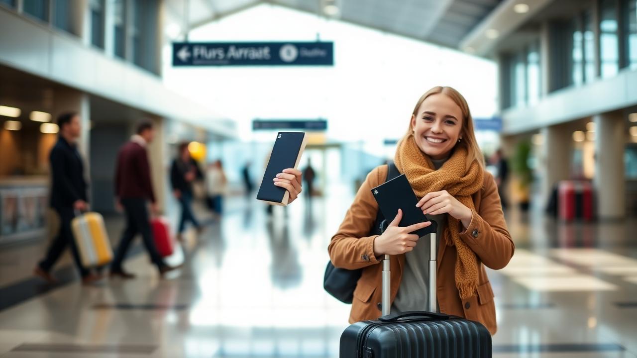 A cheerful traveler at an airport with a passport and rolling suitcase