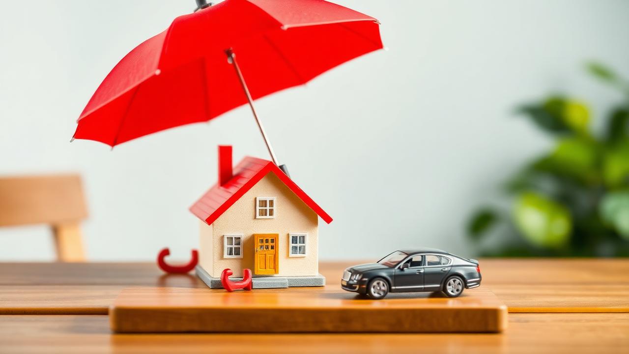 An open red umbrella sheltering a small model house and a small model car on a wooden table