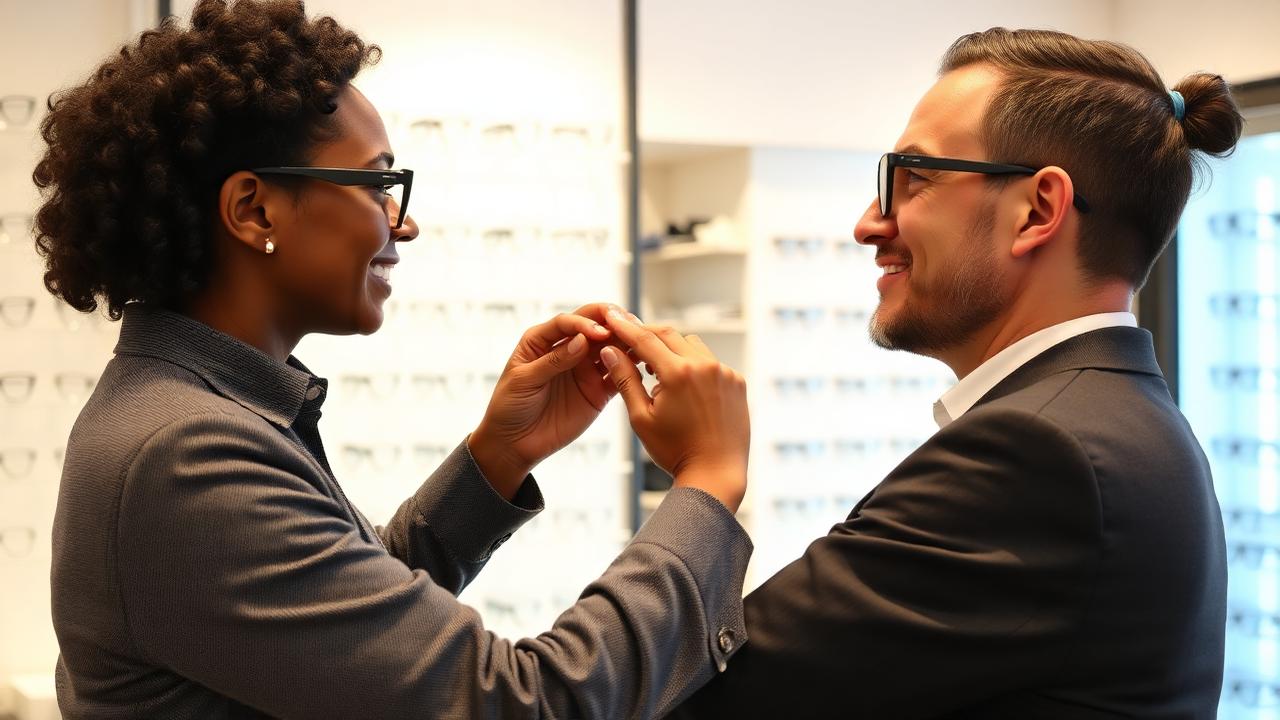 An optometrist fitting eyeglasses on a customer in a bright eyewear shop