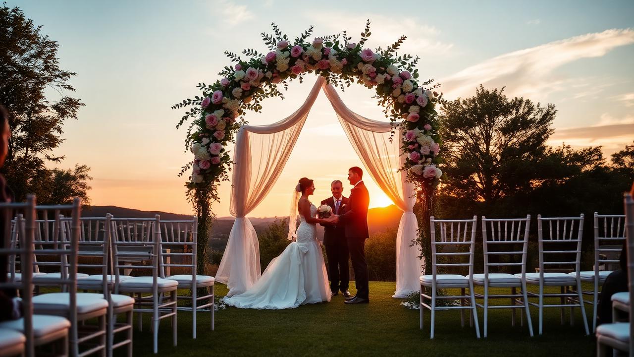 An elegant outdoor wedding ceremony with floral arch and white chairs at sunset