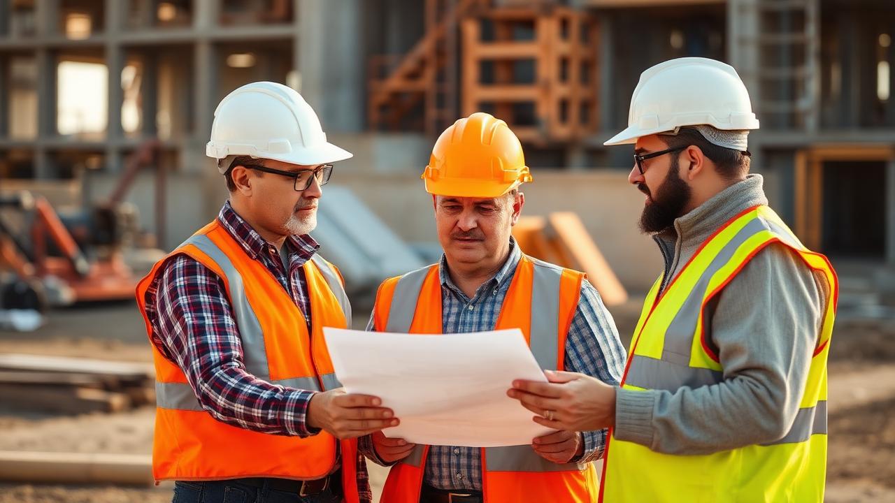Construction workers wearing hard hats and safety vests reviewing plans on a job site